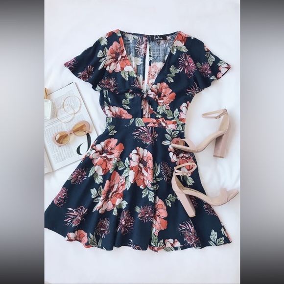 Lulus Navy Blue Floral Print Tie-Front Skater Dress - Picture 5 of 14